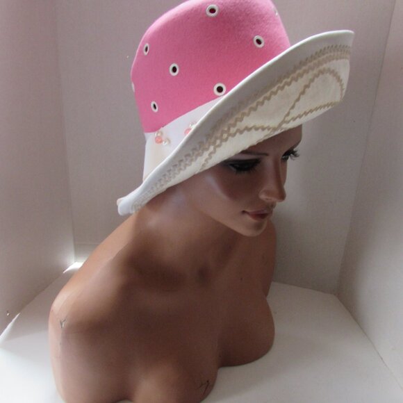 Vintage 1970 Era Hat High Crown Pink Felt White Brim main image 14